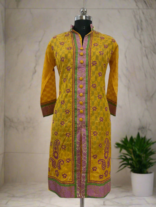 Lucknowi Chikankari Yellow Chanderi Kurti-PE00002