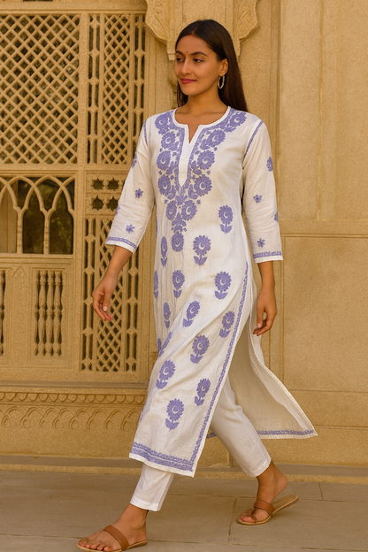 Lucknowi Chikankari White 'Ujaala' Chanderi Kurti-K50085