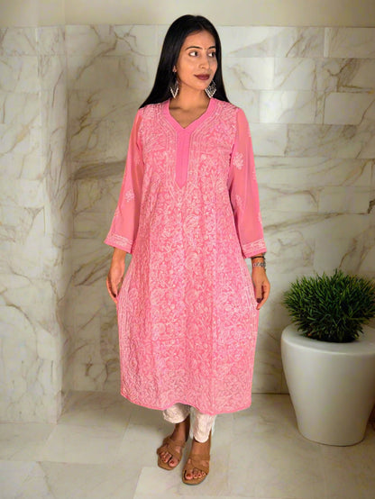 Lucknowi Chikankari Pink Georgette Kurti-K000063