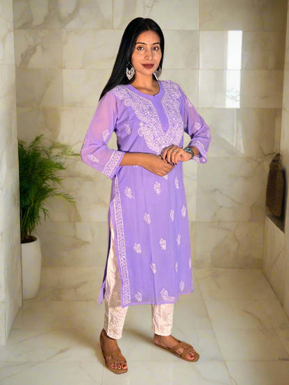 Lucknowi Chikankari Purple Georgette Kurti-K000064