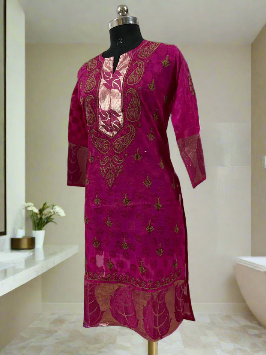 Lucknowi Chikankari Magenta Chanderi Kurti-PE00006