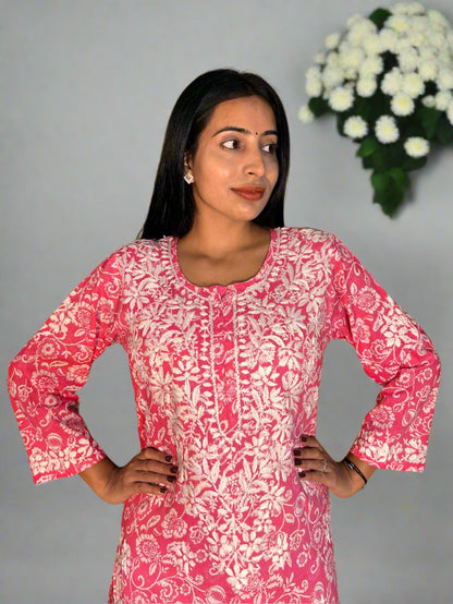 Lucknowi Chikankari Pink Printed Cotton Kurti-K000069