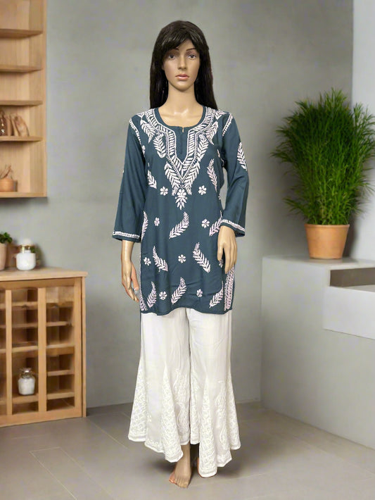 Lucknowi Chikankari Grey Rayon Short Kurti-T000081