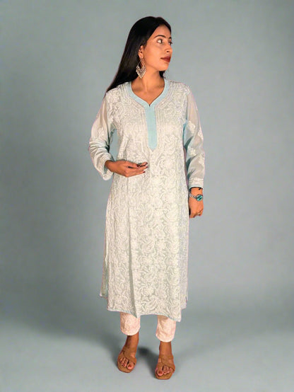 Lucknowi Chikankari Sky Blue Georgette Kurti-K000031