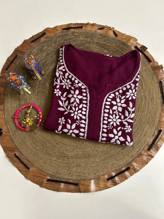 Lucknowi Chikankari Wine Rayon Kurti-K000159