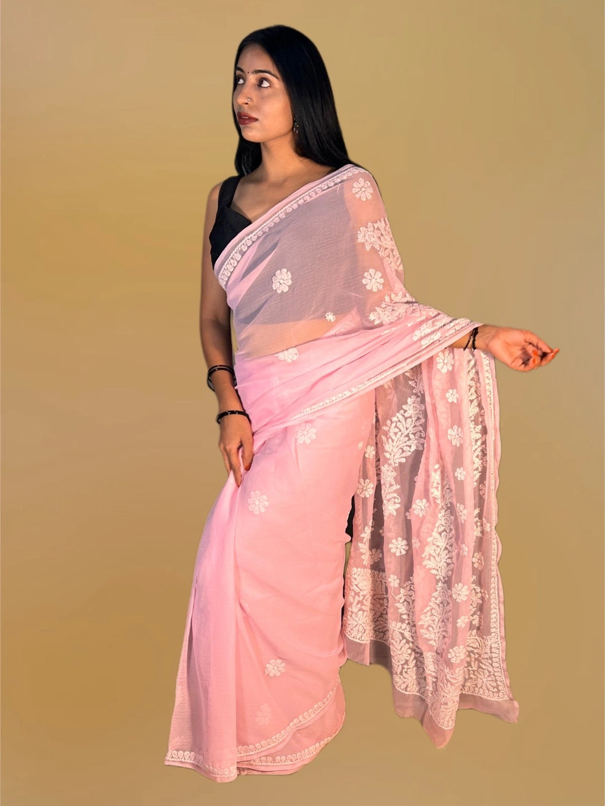 Lucknowi Chikankari Pink Georgette Saree (With Blouse)-S00007