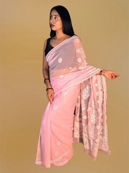 Lucknowi Chikankari Pink Georgette Saree (With Blouse)-S00007