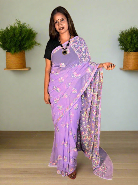 Lucknowi Chikankari Purple Georgette Saree (With Blouse)-S00030