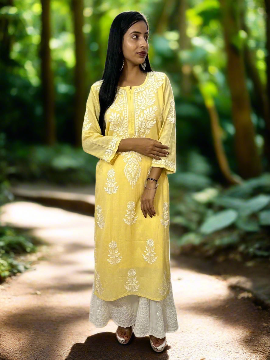 Lucknowi Chikankari Yellow Cotton Kurti-K000107