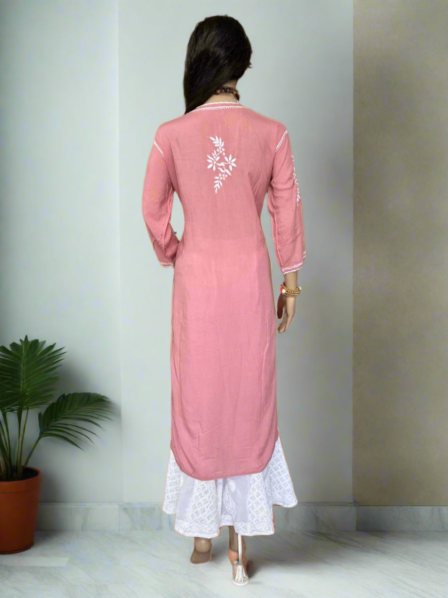 Lucknowi Chikankari Pinkish Mauve Modal Kurti-K000120