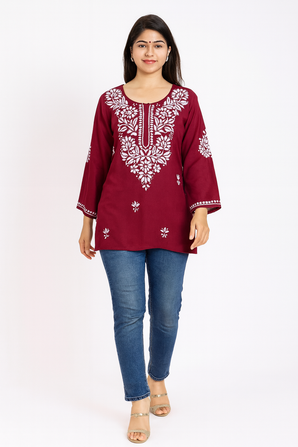 Lucknowi Chikankari Maroon 'Shafaq' Rayon Short Kurti-T80001