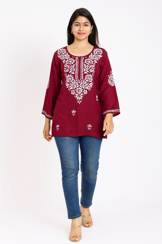 Lucknowi Chikankari Maroon 'Shafaq' Rayon Short Kurti-T80001
