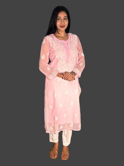 Lucknowi Chikankari Pink Georgette Kurti-K000047