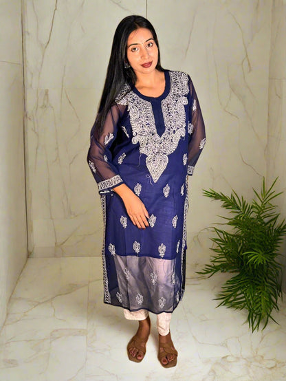 Lucknowi Chikankari Navy Blue Georgette Kurti-K000060