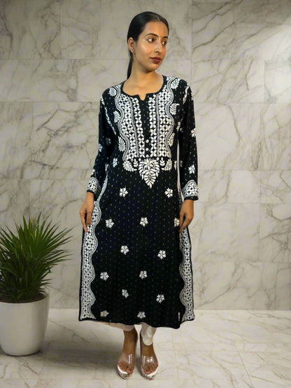 Lucknowi Chikankari Black Rayon Kurti-K000088