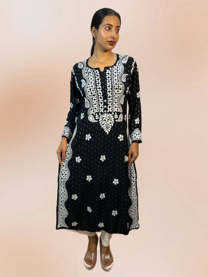 Lucknowi Chikankari Black Rayon Kurti-K000088