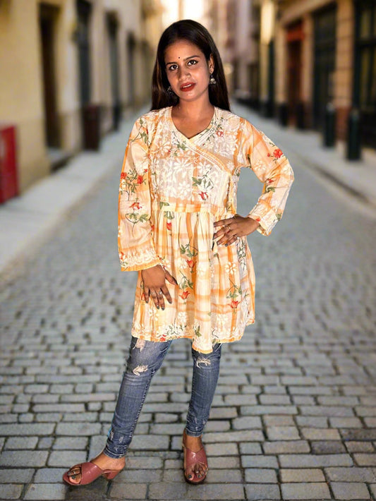 Lucknowi Chikankari Orange Printed Cotton Angrakha Styled Short Kurti-T30003