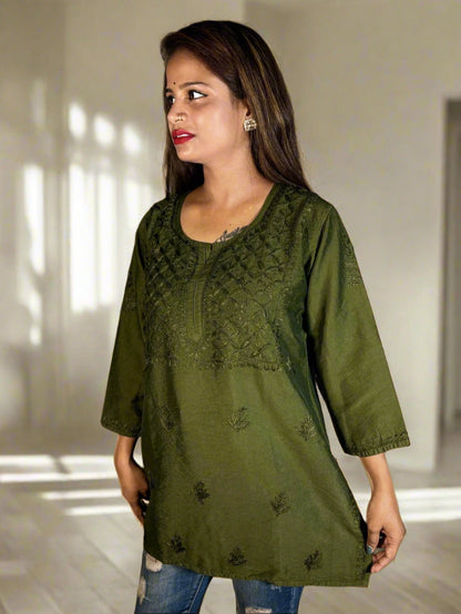 Lucknowi Chikankari Mahendi Green Chanderi Short Kurti-T000001