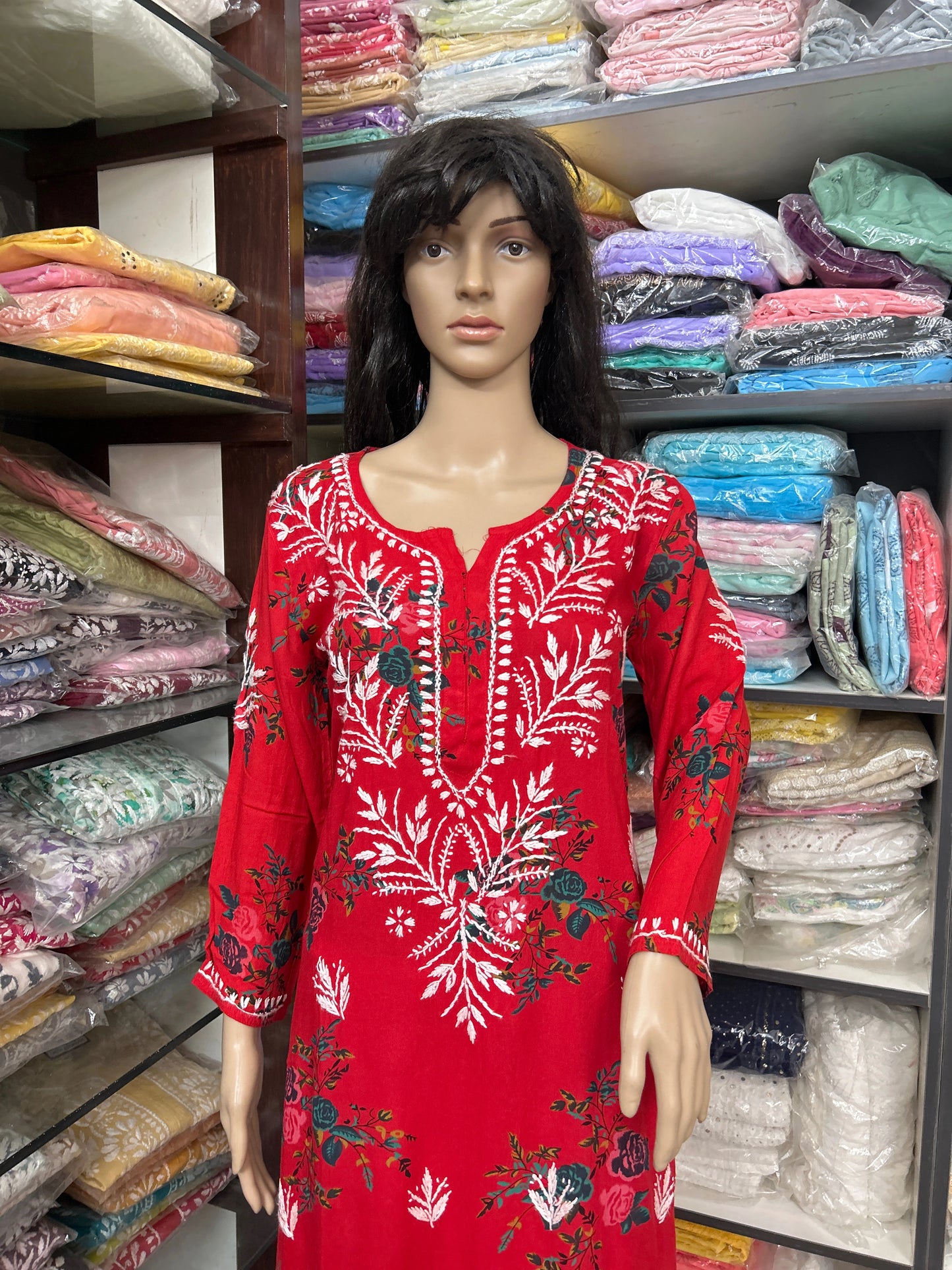 Lucknowi Chikankari Red Printed Rayon Kurti-K000074