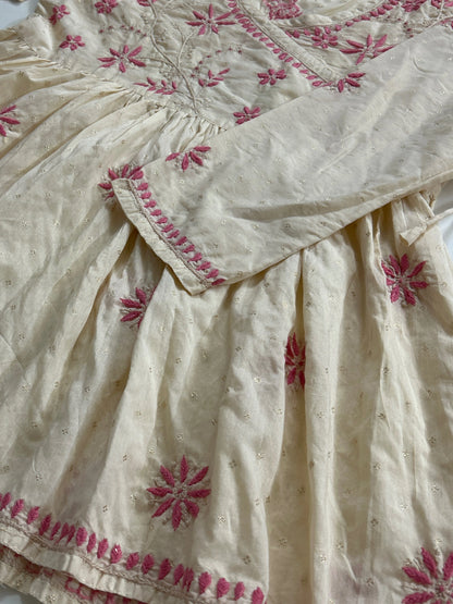 Lucknowi Chikankari Fawn Chanderi Angrakha Styled Short Kurti-T50021