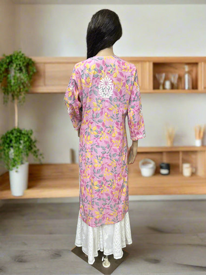 Lucknowi Chikankari Pink Printed Cotton Kurti-K000180