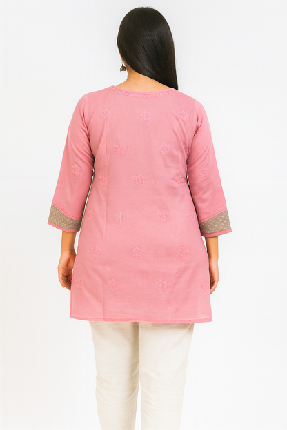 Lucknowi Chikankari Pink 'Shagufta' Cotton Short Kurti-T50028