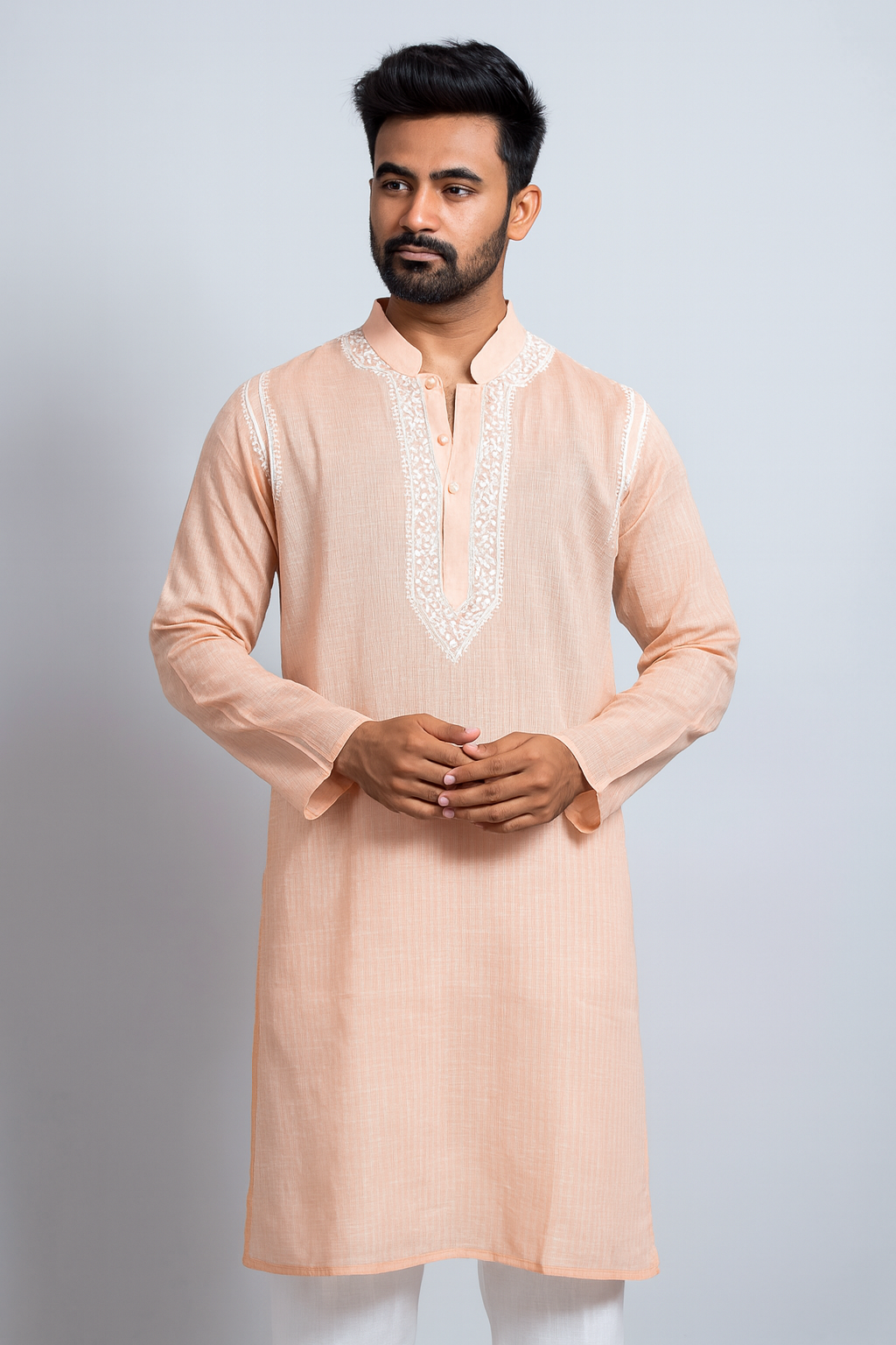 Lucknowi Chikankari Peach 'Aarooi' Cotton Gents Kurta-GK00001