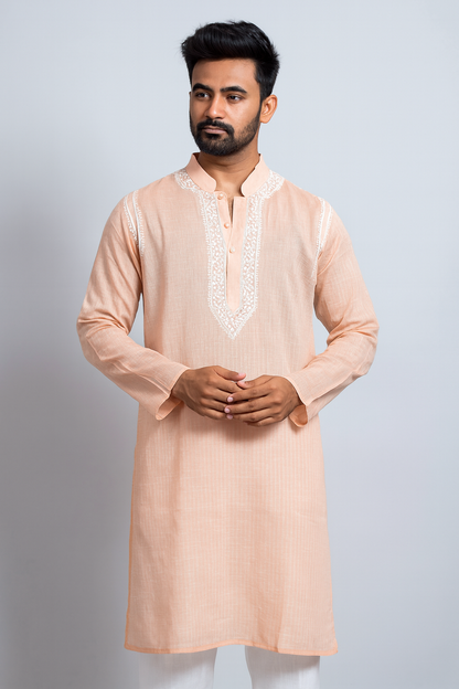 Lucknowi Chikankari Peach 'Aarooi' Cotton Gents Kurta-GK00001