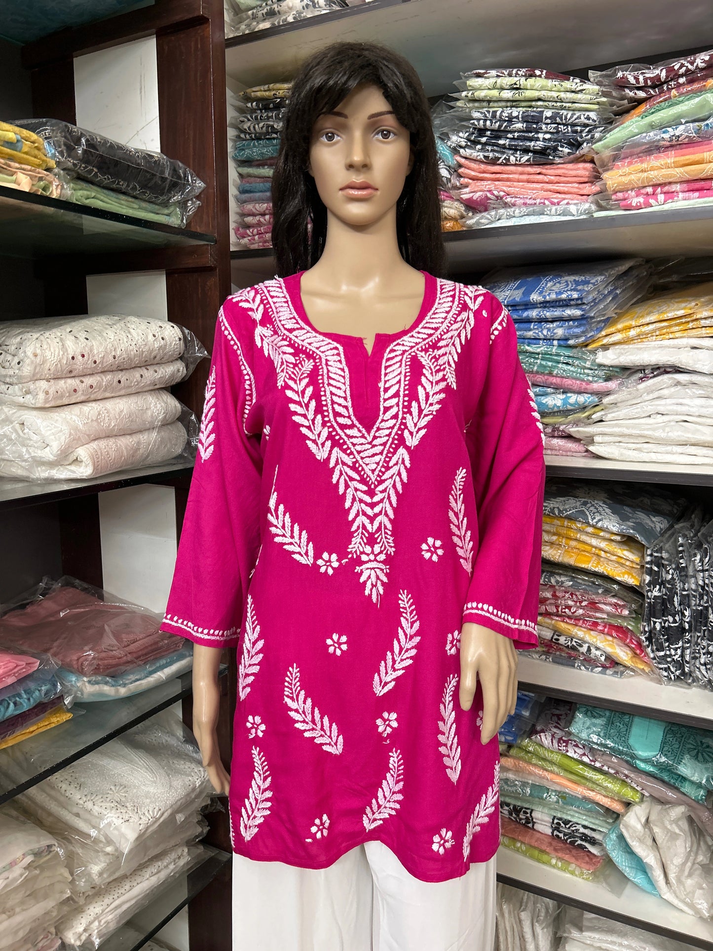 Lucknowi Chikankari Pink 'Shagufta' Rayon Short Kurti-T000078