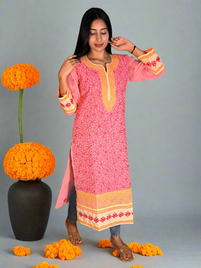 Lucknowi Chikankari Pink Cotton Kurti-K000001