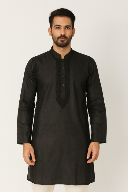 Lucknowi Chikankari Black 'Shab' Cotton Gents Kurta-GK00009