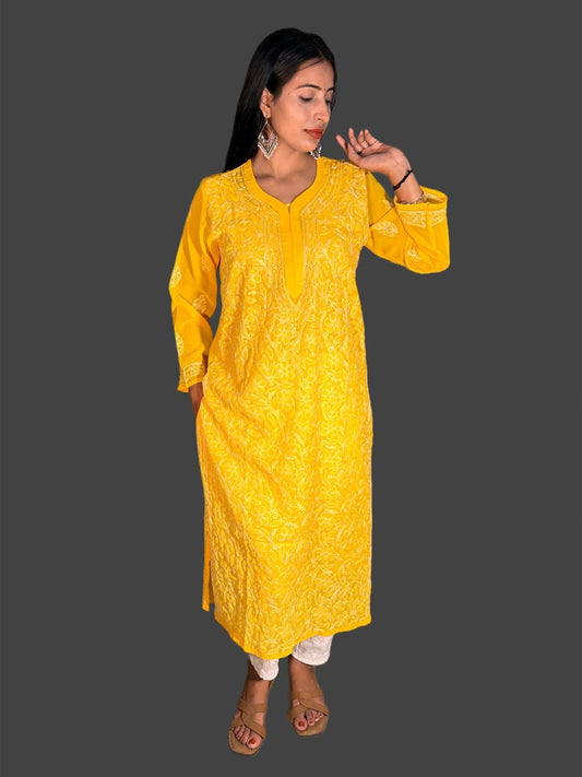 Lucknowi Chikankari Yellow Georgette Kurti-K000067