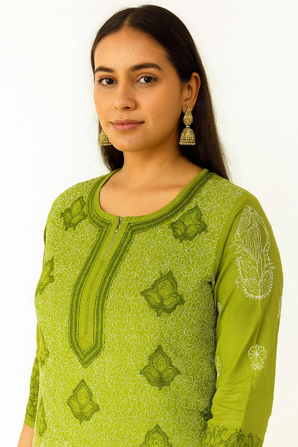 Lucknowi Chikankari Green 'Bahar' Cotton Kurti-K000184