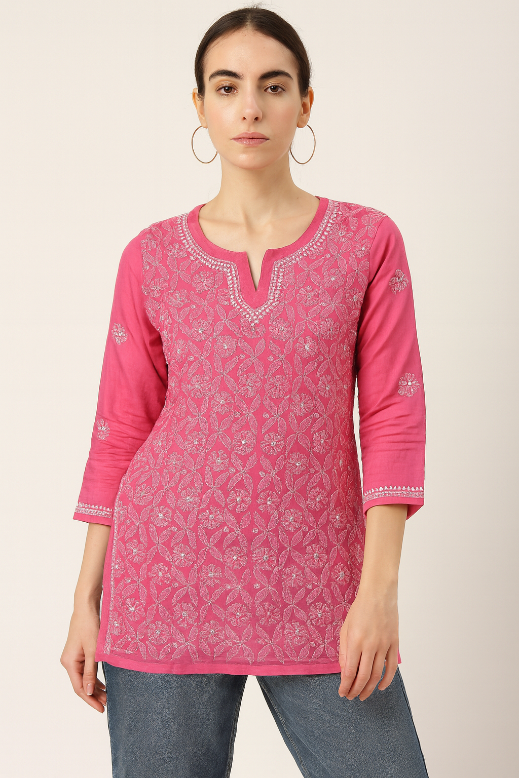 Lucknowi Chikankari Pink 'Shagufta' Cotton Short Kurti-T30012