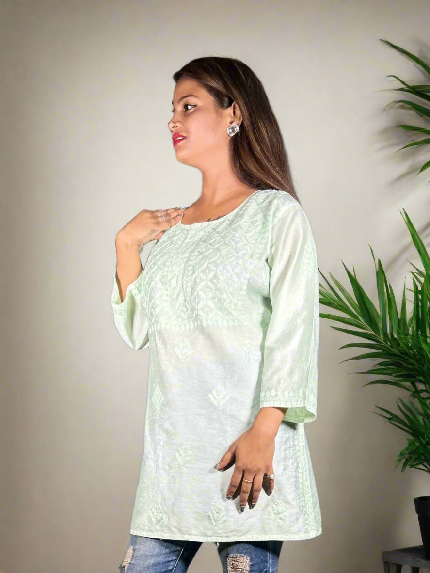 Lucknowi Chikankari Pista Green Chanderi Short Kurti-T000010