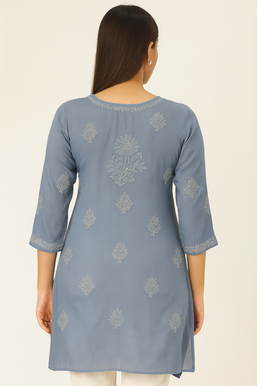 Lucknowi Chikankari Blue 'Aab-e-Asmaan' Viscose Short Kurti-T30010