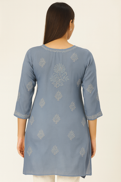 Lucknowi Chikankari Blue 'Aab-e-Asmaan' Viscose Short Kurti-T30010