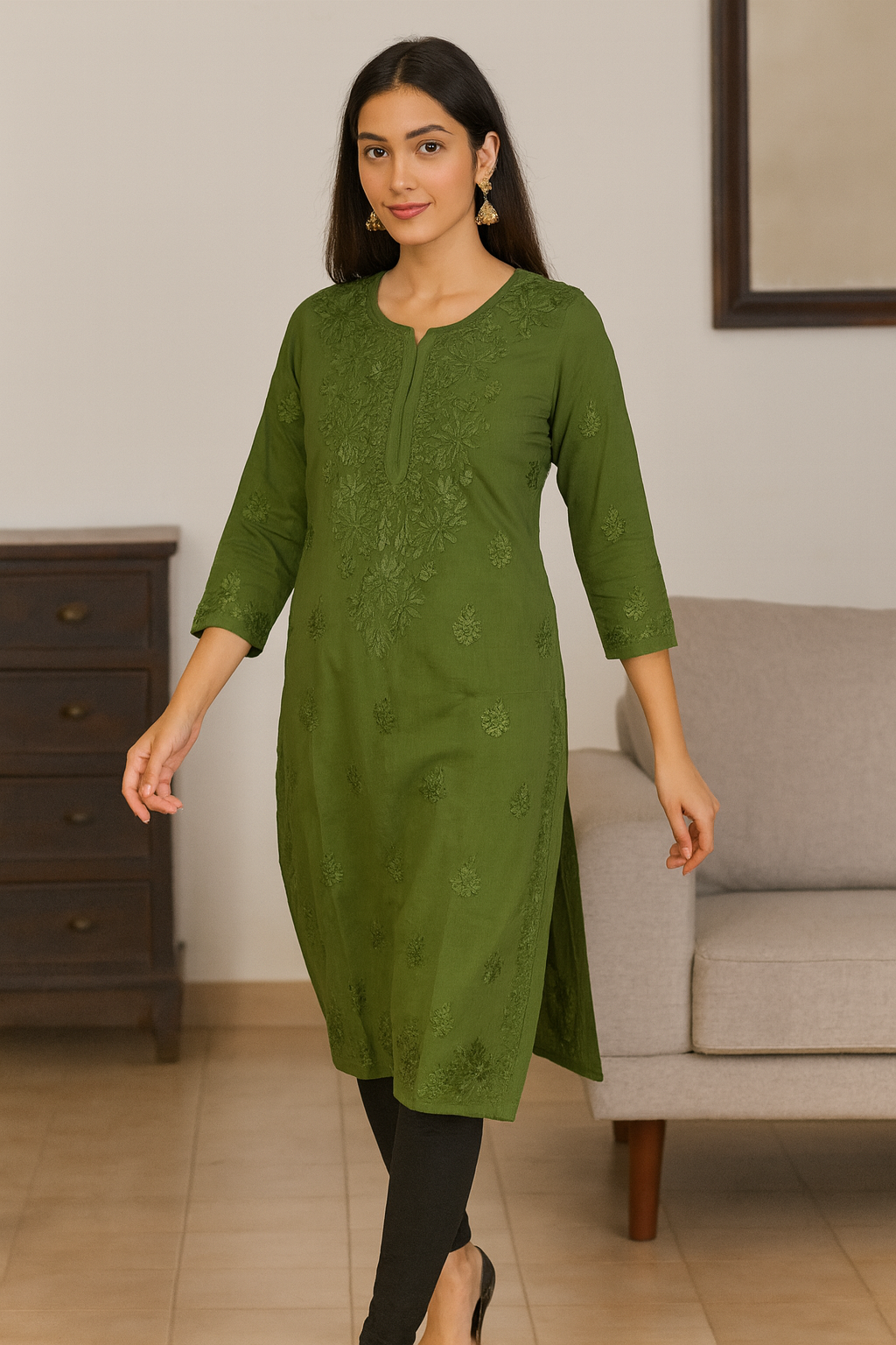 Lucknowi Chikankari Green 'Bahar' Modal Kurti-K000190