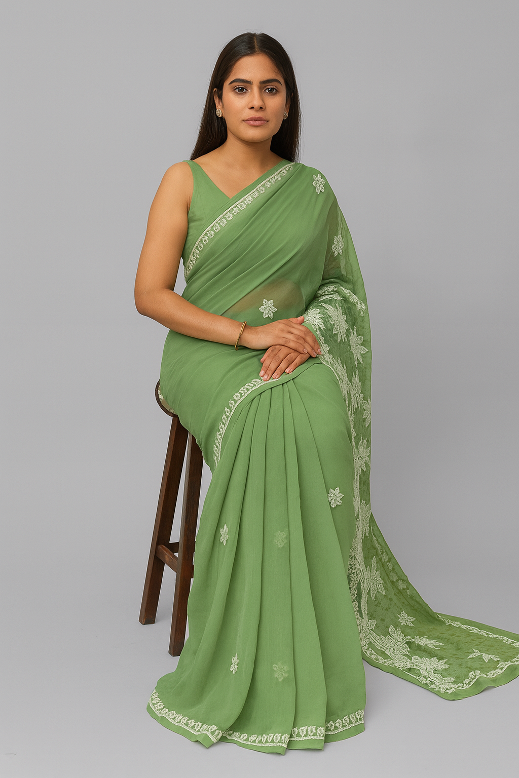 Lucknowi Chikankari Green 'Bahar' Georgette Saree (With Blouse)-S00040