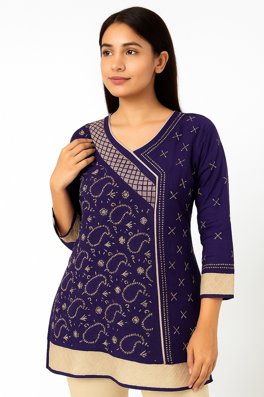 Lucknowi Chikankari Purple 'Jamuni' Cotton Angrakha Styled Short Kurti-T40016