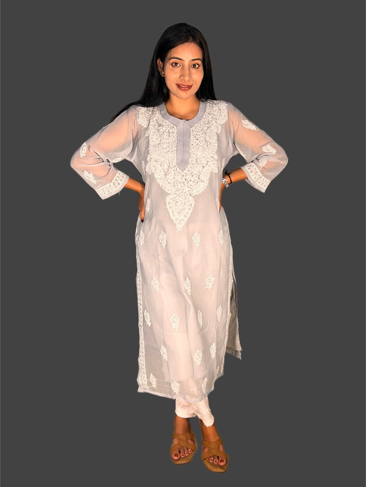 Lucknowi Chikankari Grey Georgette Kurti-K000044