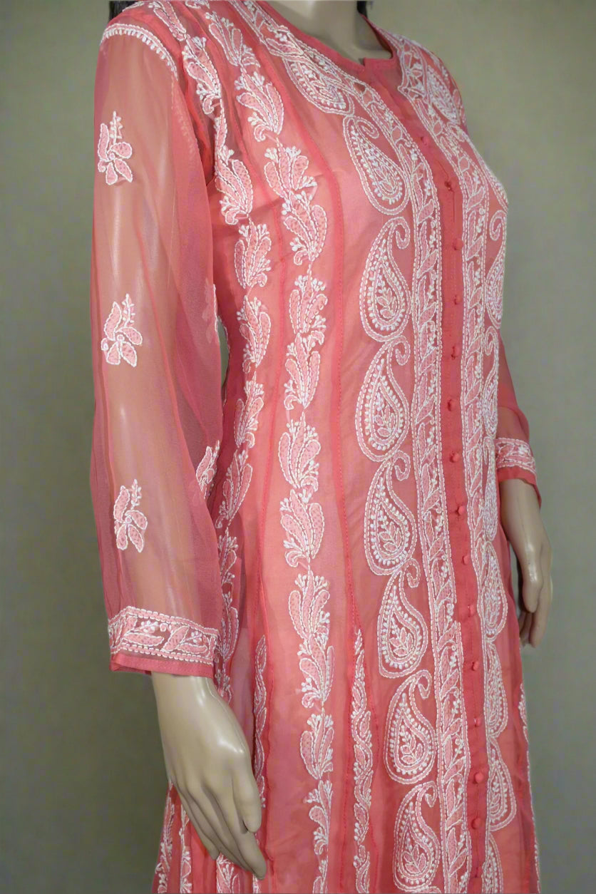 Lucknow Chikankari Peach Georgette Anarkali-K000006