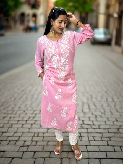 Lucknowi Chikankari Baby Pink Cotton Kurti-K000116