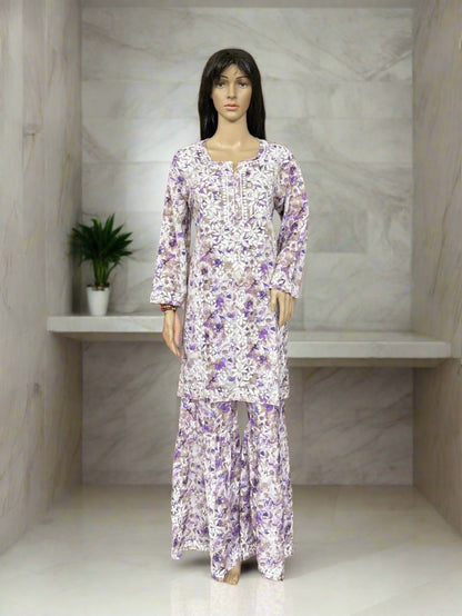 Lucknowi Chikankari Purple Printed Cotton Kurta Bottom Set-Kb00001