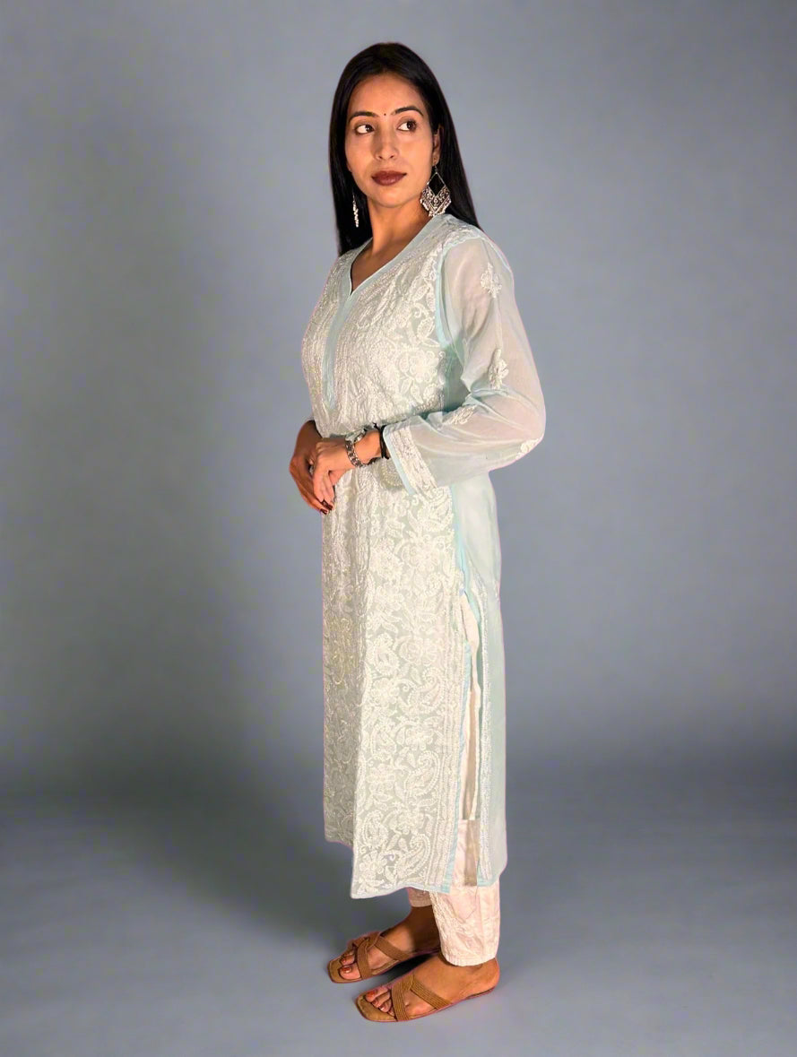 Lucknowi Chikankari Sky Blue Georgette Kurti-K000031