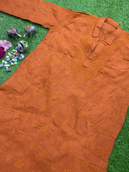 Lucknowi Chikankari Orange Cotton Gents Kurta-GK00001