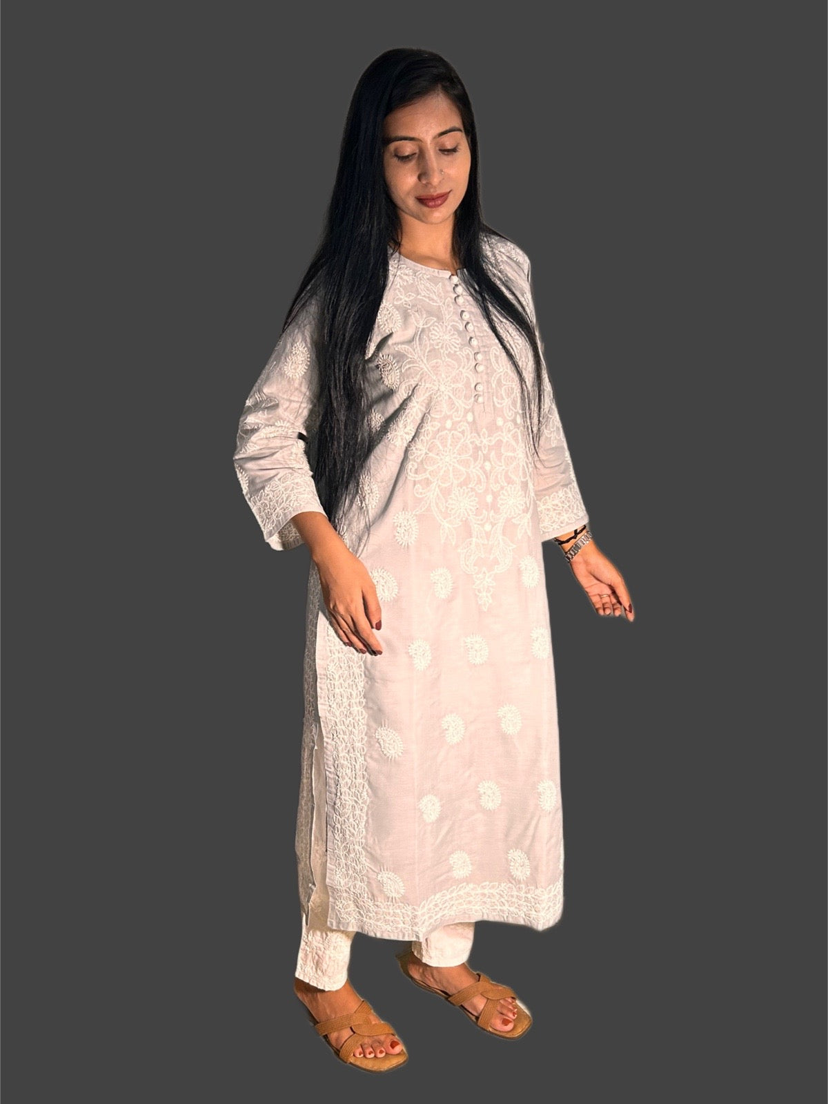 Lucknowi Chikankari Grey Cotton Kurti-K000046