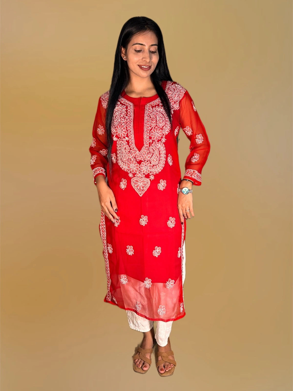 Lucknowi Chikankari Red Georgette Kurti-K000049