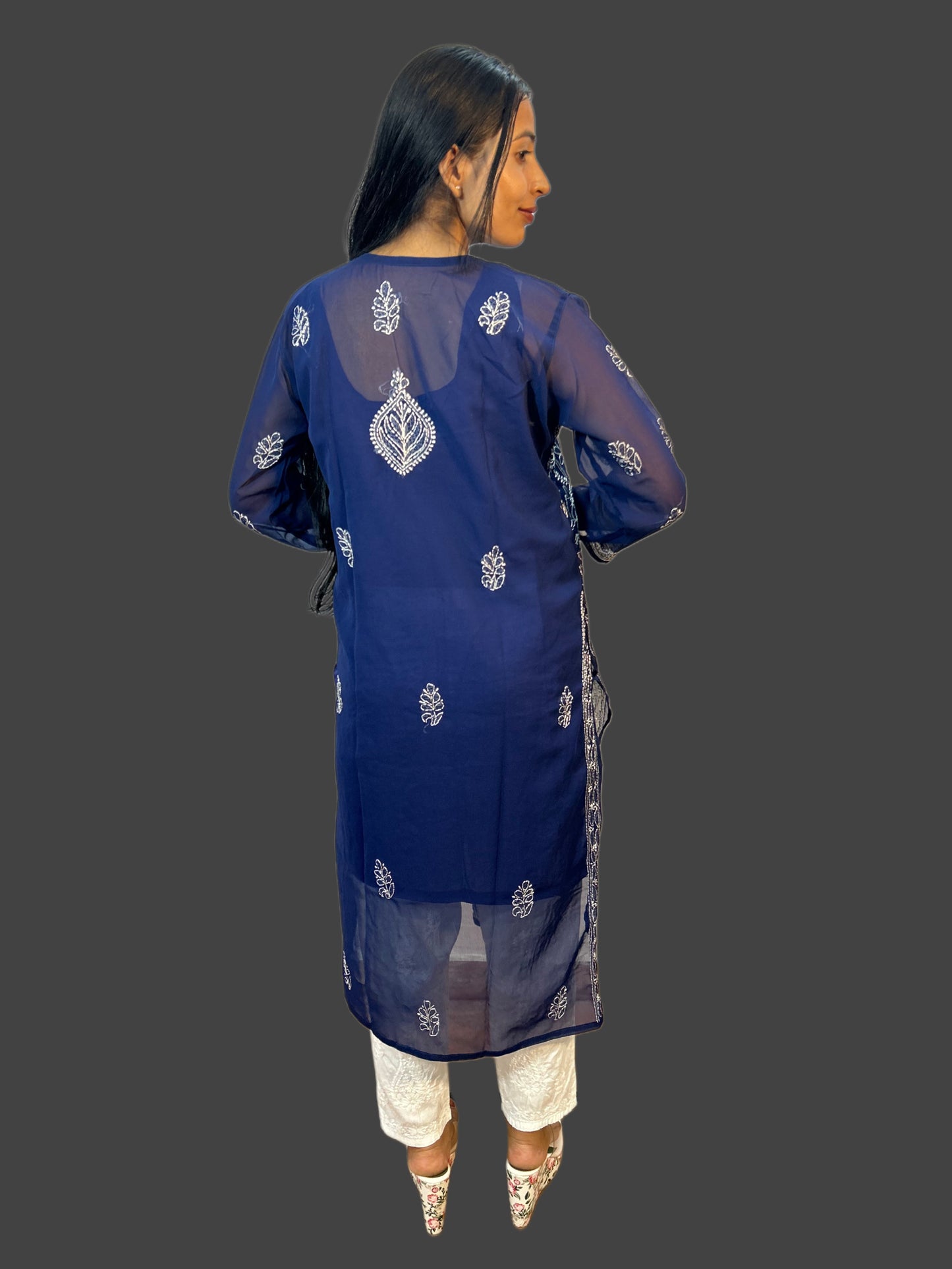 Lucknowi Chikankari Navy Blue Georgette Kurti-K000035