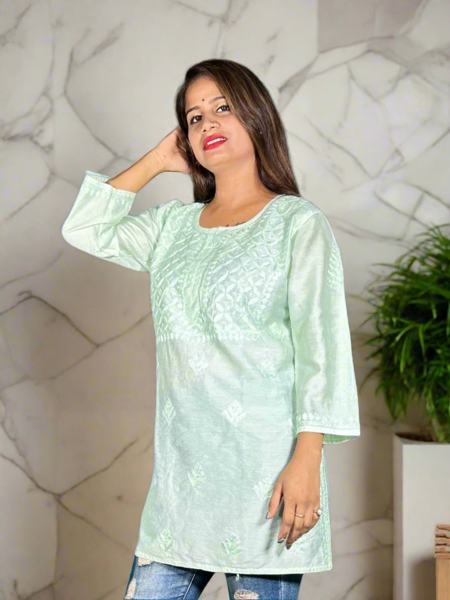 Lucknowi Chikankari Pista Green Chanderi Short Kurti-T000010